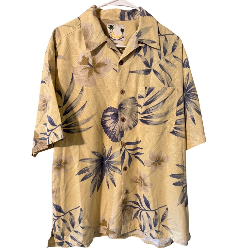 Banana Cabana Mens Large 100% Silk Hawaiian Shirt Yellow Floral Tropical Camp